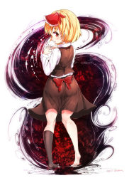  1girl ass asymmetrical_legwear black_skirt blonde_hair bow collar commentary_request dated dress feet from_behind furim hair_ribbon highres kneepits looking_at_viewer looking_back own_hands_together red_eyes ribbon rumia shirt short_hair signature single_sock skirt socks touhou undershirt uneven_legwear white_shirt  rating:Sensitive score:10 user:danbooru