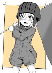 1girl absurdres blush commentary cowboy_shot fang flag girls_und_panzer greyscale helmet highres holding holding_flag jumpsuit katyusha_(girls_und_panzer) long_sleeves looking_at_viewer monochrome open_mouth orange_theme partially_colored pravda_military_uniform rorimo short_hair short_jumpsuit skin_fang smile solo standing tank_helmet v-shaped_eyebrows rating:Sensitive score:5 user:danbooru
