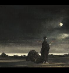  1boy black_hair black_robe chalice cup full_moon horizon letterboxed looking_up moon nature night nightman7917 original outdoors robe scenery sky solo 