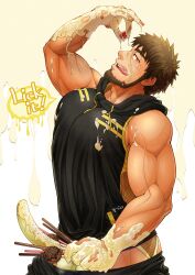  04sora40 1boy absurdres banana bara bare_arms beard black_male_underwear brown_hair bulge_peek chocolate chocolate_on_body chocolate_on_pectorals clothes_pull come_hither cowboy_shot english_text facial_hair fishnet_underwear food food_on_body food_on_face from_side fruit full_beard highres holding holding_food holding_pocky hood hoodie large_pectorals looking_at_viewer male_focus male_underwear mature_male muscular muscular_male original pants pants_pull pectorals pocky pouring pouring_onto_self profile seductive_smile sexually_suggestive sidepec sideways_glance sleeveless sleeveless_hoodie smile solo standing thick_beard thick_eyebrows underwear valentine white_chocolate yellow_male_underwear 