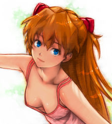 1girl smile bare_arms bare_shoulders blue_eyes boyaking breasts bright_background camisole cleavage collarbone downblouse eyelashes hair_ornament lips long_hair looking_at_viewer neon_genesis_evangelion nipple_slip nipples no_bra nose orange_hair red_camisole smile solo souryuu_asuka_langley tareme upper_body white_background rating:Questionable score:122 user:danbooru