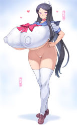  1girl black_hair bottomless breasts censored covered_erect_nipples curvy full_body gigantic_breasts highres huge_nipples long_hair looking_at_viewer mogudan nipples ponytail purple_eyes pussy school_uniform solo standing thick_thighs thighhighs thighs underboob wide_hips  rating:Explicit score:79 user:ggnccbngsdf