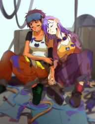  amity_blight breasts brown_hair cleavage closed_eyes couple drooling eyebrow_cut goggles goggles_on_head interlocked_fingers jacket kuma20151225 leaning_on_person luz_noceda messy open_mouth pointy_ears purple_hair scar sleeping the_owl_house yuri  rating:Sensitive score:5 user:danbooru