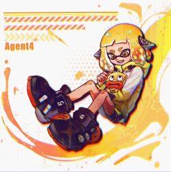  1girl agent_4_(splatoon) bike_shorts black_footwear black_shorts blonde_hair character_name chinese_commentary chromatic_aberration colored_tongue fangs film_grain headgear highres inkling_girl inkling_player_character large_shoes long_sleeves nintendo open_mouth orange_eyes shoes short_hair shorts single_vertical_stripe smile splatoon_(series) splatoon_2 star_(symbol) tentacle_hair thenintlichen96 yellow_tongue zapfish 