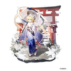  1girl animal_ear_fluff animal_ears architecture arin_(fanfan013) ash_arms b-4_(ash_arms) bag beret blonde_hair blue_bag blue_eyes blue_hat blue_kimono blue_ribbon blue_umbrella bow brown_footwear cat_ears cherry_blossoms commentary_request copyright_notice cross-laced_clothes cross-laced_sleeves east_asian_architecture flower footwear_flower frilled_hairband frills full_body fur_scarf gradient_kimono hair_bow hair_ornament hairband hat highres holding holding_bag holding_umbrella japanese_clothes kimono lantern light_blush long_sleeves looking_ahead medium_hair official_alternate_costume official_art oil-paper_umbrella okobo open_mouth outstretched_arm pink_flower plant pom_pom_(clothes) ribbon sandals scarf simple_background sleeve_ribbon smile snow snowing snowman socks solo stairs standing star_(symbol) star_hair_ornament tabi torii two-tone_umbrella umbrella white_background white_bow white_hairband white_scarf white_socks white_umbrella wide_sleeves yukata 