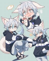 1boy animal_ears blush collar commission furry furry_male go_(1o22g) hand_in_pocket heterochromia hood hoodie multiple_views original squatting tail tongue tongue_out v