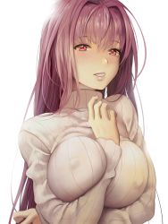 1girl amakuri3000 blush breasts covered_erect_nipples fate/grand_order fate_(series) large_breasts long_hair looking_at_viewer parted_lips purple_hair red_eyes ribbed_sweater scathach_(fate) scathach_(fate) simple_background smile solo sweater white_background rating:Questionable score:56 user:danbooru