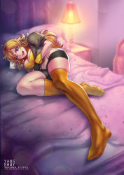  bed blonde_hair bokuman breasts cleavage lamp looking_at_viewer lying on_bed open_mouth purple_hair rwby shorts table yang_xiao_long yellow_legwear  rating:Questionable score:44 user:PixyV2