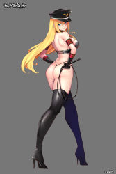  1girl ass backless_outfit bare_shoulders black_gloves blonde_hair blue_eyes boots breasts closed_mouth commentary_request dominatrix dungeon_and_fighter elbow_gloves full_body gloves grey_background hands_on_own_hips hat high_heels holding holding_weapon lips long_hair looking_at_viewer looking_back maria_tr medium_breasts military_hat panties shaojiang simple_background thigh_boots thighhighs thighs thong underwear weapon  rating:Sensitive score:40 user:danbooru