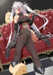  absurdres azur_lane breasts cleavage clothing_cutout couch crossed_legs detached_sleeves hand_in_own_hair highres long_hair maid_headdress manjuu_(azur_lane) mole mole_on_breast multicolored_hair navel_cutout nukege_ojisan official_alternate_costume orange_eyes prinz_eugen_(azur_lane) prinz_eugen_(kindred_evening_spirits)_(azur_lane) red_hair sitting stepped_on streaked_hair two_side_up white_hair  rating:Sensitive score:34 user:danbooru