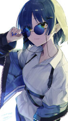  1girl absurdres blue_hair blue_nails blue_pants bocchi_the_rock! breasts chest_belt earrings eyes_visible_through_hair from_above glasses green_eyes hair_ornament hand_up highres jacket jewelry looking_at_viewer medium_breasts mole mole_under_eye pants seisyuntarotto shirt short_hair simple_background solo standing sunglasses unworn_clothes unworn_jacket upper_body white_background white_shirt yamada_ryo 