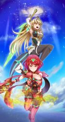  2girls absurdres aegis_sword_(xenoblade) backless_outfit bare_shoulders black_thighhighs blonde_hair breasts cloud core_crystal_(xenoblade) covered_navel dress drop_earrings earrings fingerless_gloves front-seamed_legwear gloves highres impossible_clothes jewelry large_breasts long_hair looking_at_viewer microdress multiple_girls mythra_(massive_melee)_(xenoblade) mythra_(xenoblade) nintendo open_mouth pantyhose pantyhose_under_shorts pyra_(xenoblade) red_eyes red_hair red_shorts samu_poteto seamed_legwear short_hair short_shorts shorts skindentation sky smash_invitation super_smash_bros. swept_bangs thighhighs thighhighs_over_pantyhose tiara very_long_hair weapon white_dress white_gloves xenoblade_chronicles_(series) xenoblade_chronicles_2 yellow_eyes 