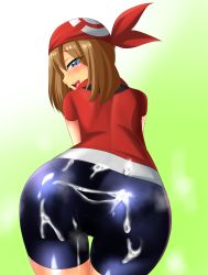 1boy 1girl artist_request ass back bandana bike_shorts blue_eyes bra brown_hair creatures_(company) cum cum_on_ass cum_on_body cum_on_lower_body from_behind game_freak highres hip_focus huge_ass looking_at_viewer looking_back may_(pokemon) murasame_(pixiv_38411450) murasame_(tmurasamek) nintendo pokemon pokemon_rse simple_background smile standing tan underwear wide_hips rating:Explicit score:36 user:assjob