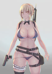 1girl alternate_breast_size arms_at_sides artoria_pendragon_(all) artoria_pendragon_(fate) backpack bag bare_arms bare_shoulders belt belt_buckle belt_pouch bikini bikini_pull black_bow black_bowtie black_thighhighs blonde_hair bow bowtie breasts bridal_garter buckle butt_crack cleavage closed_mouth clothes_pull collarbone commentary_request cowboy_shot earrings fate/grand_order fate_(series) frills glint grey_background groin gun holding holding_gun holding_weapon jewelry large_breasts legs_apart neck_garter nikuku_(kazedesune) playerunknown&#039;s_battlegrounds pouch pubic_tattoo purple_bikini ring saber_alter short_hair simple_background single_thighhigh skindentation solo standing stomach_tattoo swimsuit tattoo thighhighs thighs trigger_discipline tsurime weapon weapon_on_back yellow_eyes rating:Sensitive score:48 user:danbooru