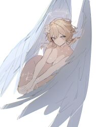  1girl blonde_hair breasts cleavage closed_mouth completely_nude cropped_legs feathered_wings flower genshin_impact hair_between_eyes hair_flower hair_ornament halo highres large_breasts lumine_(genshin_impact) nude short_hair_with_long_locks simple_background solo umenoume white_flower white_wings wings yellow_eyes  rating:Questionable score:4 user:danbooru