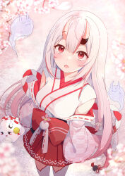  1girl absurdres blurry blush cherry_blossoms commentary_request depth_of_field detached_sleeves facing_viewer gradient_hair grey_hair highres hihi_(oekakihix) hololive horns japanese_clothes long_hair looking_up multicolored_hair nakiri_ayame open_mouth pink_hair pleated_skirt red_eyes red_skirt shirt skin-covered_horns skirt solo standing virtual_youtuber white_shirt 