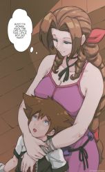  1boy 1girl aerith_gainsborough blue_eyes bolo_tie braid braided_ponytail breasts brown_hair cleavage covered_erect_nipples dress drill_hair english_text final_fantasy final_fantasy_vii green_eyes hug hug_from_behind kingdom_hearts kingdom_hearts_i looking_at_another looking_up shota sleeveless sleeveless_dress smile sora_(kingdom_hearts) speech_bubble square_enix twin_drills tyrone you_gonna_get_raped  rating:Sensitive score:326 user:danbooru