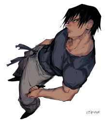  1boy black_hair commentary_request from_above full_body fushiguro_touji grey_pants grey_shirt highres jujutsu_kaisen looking_at_viewer male_focus max801115 muscular muscular_male pants shirt short_hair short_sleeves simple_background solo t-shirt twitter_username white_background white_pants 