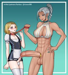 1boy 1girl abs artist_name blonde_hair blue_eyes braid braided_ponytail cock_ring crossdressing erection fanbox_username femdom foreskin futanari grey_hair height_difference highres huge_penis leash leash_pull maid medium_penis multiple_penises muscular patreon_username penis penis_size_difference penises_touching precum rioneri88 sex_toy thighhighs trap twitter_username rating:Explicit score:148 user:CREAMPIE