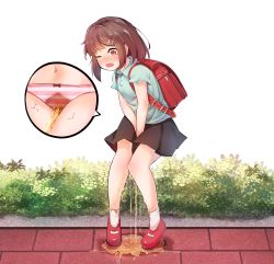 1girl absurdres backpack bag between_legs black_skirt blush bow bow_panties brown_hair bush close-up embarrassed full_body green_shirt hair_ornament hairclip hand_between_legs have_to_pee highres knees_together_feet_apart loli looking_down navel one_eye_closed open_mouth original outdoors own_hands_together panties peeing peeing_self pigeon-toed pink_panties pleated_skirt puddle red_eyes red_footwear renoana shirt shoes short_hair short_sleeves skirt socks solo standing striped_clothes striped_panties tears underwear v_arms wet wet_clothes wet_panties white_background white_socks rating:Questionable score:68 user:AngryZapdos