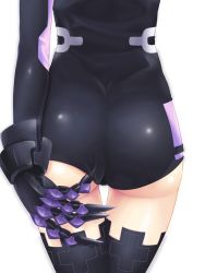  10s 1girl adjusting_clothes adjusting_leotard arm_behind_back ass ass_focus black_thighhighs bodysuit bye-corn claws close-up cross female_focus from_behind gauntlets gloves gust head_out_of_frame ichiban_renga leotard long_sleeves magical_girl neptune_(neptunia) neptune_(series) nippon_ichi purple_heart_(neptunia) red_cross sega simple_background skin_tight solo thigh_gap thighhighs tight_clothes waist_down white_background 