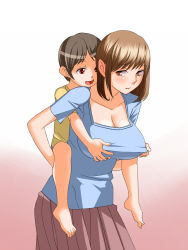 1boy 1girl age_difference blush breasts brown_eyes brown_hair carrying cleavage collarbone grabbing grabbing_another&#039;s_breast grabbing_from_behind groping hetero incest kadan_(ad1999) looking_back molestation mother_and_son nipple_stimulation nipple_tweak open_mouth original piggyback short_hair shota simple_background skirt swept_bangs rating:Questionable score:194 user:Hentailover