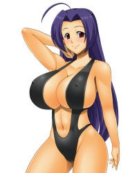  1girl ahoge bare_shoulders blush breasts cameltoe cleavage covered_erect_nipples huge_breasts idolmaster idolmaster_(classic) kawanuma_uotsuri long_hair looking_at_viewer miura_azusa navel purple_hair red_eyes simple_background smile solo swimsuit very_long_hair white_background  rating:Questionable score:40 user:loplop