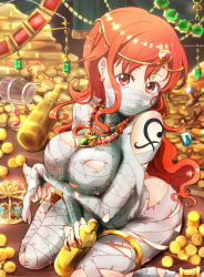  1girl arm_tattoo ass blush body_blush bottle breasts circlet coin crown earrings gem gold gold_bar highres himaneko holding jewelry large_breasts long_hair looking_at_viewer mummy nami_(one_piece) necklace one_piece orange_eyes orange_hair sitting solo tattoo treasure_chest very_long_hair wariza  rating:Sensitive score:33 user:danbooru