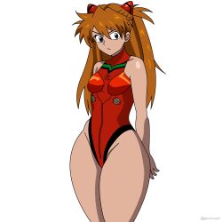  1girl :/ absurdres adapted_costume ass bare_arms bare_legs bare_shoulders blue_eyes bodysuit breasts brown_hair curvy english_text hair_between_eyes hair_ornament highleg highleg_leotard highres interface_headset legs_together leotard long_hair looking_at_viewer narrow_waist neon_genesis_evangelion nsfwgali plugsuit red_bodysuit red_leotard shiny_clothes shiny_skin simple_background solo souryuu_asuka_langley thong_leotard tsundere twitter_username two_side_up very_long_hair white_background wide_hips 