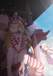  1boy 2girls blonde_hair blue_sky blvefo9 censored closed_eyes clownpiece commentary cum cum_in_pussy cumdrip dress english_commentary fairy hat hetero jester_cap loli luna_child mixed-language_commentary mosaic_censoring multiple_girls open_mouth outdoors pantyhose penis polka_dot polka_dot_headwear purple_headwear pussy sex shirt sky stomach_bulge striped_clothes striped_legwear striped_pantyhose striped_shirt tears teeth touhou upper_teeth_only vaginal white_dress  rating:Explicit score:819 user:danbooru
