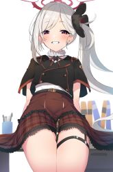  1girl between_thighs black_jacket blue_archive cropped_legs halo highres jacket long_hair looking_at_viewer maza_kisuke mutsuki_(blue_archive) pen purple_eyes red_skirt school_uniform sexually_suggestive shirt side_ponytail silver_hair simple_background sitting skirt smile smug thigh_strap thighs white_shirt  rating:Questionable score:65 user:iriomoe2