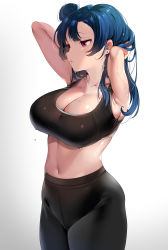 1girl alternate_breast_size armpits arms_behind_head arms_up black_pants black_sports_bra blue_hair breasts cleavage collarbone cowboy_shot earrings gradient_background hair_bun high-waist_pants highres jewelry large_breasts legs_together long_hair looking_to_the_side love_live! love_live!_sunshine!! navel pants parted_lips pink_eyes shiny_skin single_hair_bun solo sports_bra stud_earrings sweat tem10 thick_thighs thighs tsushima_yoshiko yoga_pants rating:Sensitive score:111 user:danbooru