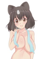  1girl animal_ears bear_ears bear_girl blush breasts brown_bear_(kemono_friends) esuyukichin highres kemono_friends large_breasts looking_at_viewer multicolored_hair naked_towel open_mouth short_hair smile solo towel towel_around_neck 