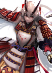  1girl absurdres armor blood blood_on_face breastplate closed_mouth commentary_request fate/grand_order fate_(series) grey_hair hair_between_eyes highres holding holding_polearm holding_weapon horns japanese_armor jikihatiman kote kusazuri long_hair looking_at_viewer polearm ponytail red_eyes solo tomoe_gozen_(fate) weapon white_background 