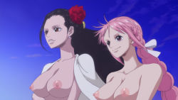  2girls aunt_and_niece black_hair covered_erect_nipples highres long_hair multiple_girls nipples nude nude_filter one_piece pink_hair rebecca_(one_piece) standing third-party_edit topless viola_(one_piece)  rating:Explicit score:51 user:Misari