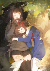  2girls :d absurdres ahoge animal_ear_fluff animal_ears black_hair black_skirt black_thighhighs blue_dress blue_jacket bow braid brown_hair brown_hoodie closed_eyes closed_mouth commentary_request commission coreytaiyo cropped_jacket dated dress facing_viewer flower fox_ears fox_girl fox_tail frilled_dress frills glasses hair_bow headpat highres hood hood_down hoodie jacket kitsune long_hair long_sleeves lying multiple_girls on_grass on_side open_mouth original pantyhose pleated_skirt puffy_long_sleeves puffy_sleeves red_bow round_eyewear short_hair signature skeb_commission skirt sleeping sleeping_on_person sleeves_past_wrists smile tail thank_you thighhighs very_long_hair white_pantyhose yellow_flower 