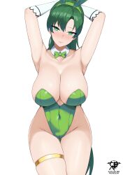  1girl arms_up bow bowtie breasts cleavage closed_mouth commentary curvy fire_emblem fire_emblem:_the_blazing_blade green_bow green_bowtie green_eyes green_hair green_hairband green_leotard hairband high_ponytail highleg highleg_leotard highres kaos_art large_breasts leotard lyn_(fire_emblem) nintendo solo thighlet thighs wide_hips 