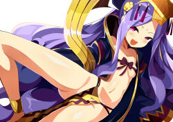  1girl anklet bare_shoulders breasts chinese_clothes collarbone facial_mark fate/grand_order fate_(series) forehead forehead_mark gloves hanfu headpiece highres jewelry long_hair long_sleeves looking_at_viewer lying navel on_side parted_bangs pelvic_curtain ponytail purple_eyes purple_gloves purple_hair ribbon_bra shawl shimejinameko sidelocks small_breasts smile solo thighs very_long_hair wide_sleeves wu_zetian_(fate) 