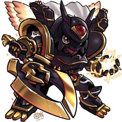  alphamon alphamon_ouryuuken armor artist_logo black_armor black_helmet cape chibi commentary commission cwdw digimon digimon_(creature) energy english_commentary feathered_wings forehead_jewel full_body halberd helmet highres holding holding_polearm holding_weapon knight polearm red_eyes simple_background weapon white_background white_cape wings 