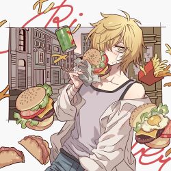  1boy bad_id bad_pixiv_id bandaged_arm bandages blonde_hair blue_pants building burger can cheese drink_can eating food food_wrapper french_fries fried_egg grey_shirt hair_over_one_eye hand_up highres holding holding_food lettuce long_sleeves looking_at_viewer male_focus meremero open_clothes open_shirt pants road scar scar_on_face shirt short_hair slow_damage soda_can solo street tomato tomato_slice towa_(slow_damage) yellow_eyes 