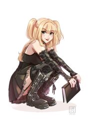  amane_misa bare_shoulders blonde_hair blush book boots breasts choker cross-laced_footwear death_note dress garter_straps gloves gothic_lolita hair_between_eyes highres lace lace-trimmed_gloves lace-trimmed_legwear lace-up_boots lace_trim large_breasts lips lipstick lolita_fashion long_glove long_hair looking_at_viewer makeup maria_dresden nail_polish simple_background smile squatting thick_thighs thighhighs thighs twintails white_background yellow_eyes 