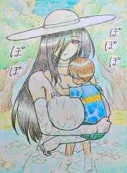 1boy 1girl age_difference bare_shoulders barefoot between_breasts black_hair blue_shirt blush breasts brown_hair carrying choker cleavage dress elbow_gloves forest gloves hasshaku-sama hat hetero huge_breasts large_breasts long_hair looking_at_another nature no_bra no_pupils outdoors p.man@rakugakiya red_eyes shirt short_hair shorts shota size_difference sound_effects sun_hat sundress t-shirt translated tree wading wet wet_clothes white_dress white_gloves rating:Questionable score:12 user:Manwe