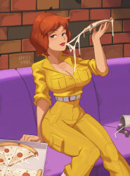  1girl april_o&#039;neil barleyshake belt bendy_straw black_eyes breasts brick_wall brown_hair cheese_trail cleavage drinking_straw eating feet_out_of_frame food highres holding holding_food holding_pizza ice ice_cube jumpsuit large_breasts pizza pizza_box pizza_slice shadow short_hair signature sitting solo spill teenage_mutant_ninja_turtles teenage_mutant_ninja_turtles_(80s) white_belt yellow_jumpsuit  rating:Sensitive score:35 user:danbooru