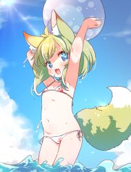  1girl animal_ears arms_up ball beachball bikini blue_eyes blue_sky blush cloud commentary_request cowboy_shot day done_(donezumi) fang flat_chest fox_ears fox_tail green_hair highres holding holding_ball holding_beachball loli looking_at_viewer medium_hair micro_bikini navel open_mouth original outdoors partially_submerged side-tie_bikini_bottom sideways_glance skin_fang sky smile solo sunlight swimsuit tail tareme thick_eyebrows variant_set water wet 