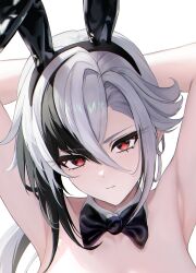  1girl absurdres animal_ears arlecchino_(genshin_impact) armpits arms_up bare_shoulders black_bow black_bowtie black_hair black_hairband bow bowtie commentary detached_collar fake_animal_ears genshin_impact grey_eyes hairband head_tilt highres long_hair looking_at_viewer muu_maa_muu rabbit_ears red_eyes solo upper_body 