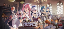 5girls :d absurdres alternate_costume apron baguette black_dress blue_eyes blue_hair blush book bread breasts brown_eyes byleth_(female)_(fire_emblem) byleth_(fire_emblem) cake candle candlestand center_frills character_request cleavage commentary_request detached_sleeves dress enmaided female_focus fire fire_emblem fire_emblem:_three_houses flower food frilled_apron frilled_dress frills hair_between_eyes highres hilda_valentine_goneril holding holding_book indoors leaning_forward leonie_pinelli long_hair looking_at_viewer lysithea_von_ordelia maid maid_headdress marianne_von_edmund matching_hair/eyes medium_breasts mo_xiaoxue multiple_girls nintendo one_side_up open_book open_mouth orange_eyes orange_hair pastry_bag pink_eyes pink_hair pink_sleeves pleated_dress puffy_short_sleeves puffy_sleeves quill red_eyes short_sleeves silver_hair sleeveless sleeveless_dress smile turkey_(food) very_long_hair white_apron white_flower window rating:Sensitive score:12 user:danbooru