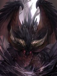 animal_focus chinese_commentary claws commentary_request glowing glowing_eyes horns large_horns looking_at_viewer mixed-language_commentary monster monster_hunter_(series) nergigante no_humans pink_eyes sharp_teeth solo teeth wings xilan_tea  rating:General score:4 user:danbooru