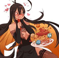  &gt;_&lt; 1girl :d absurdres ahoge aunty_black bare_shoulders black_dress black_hair blackhole-chan blush breasts cleavage_cutout clothing_cutout commentary crossed_arms dark-skinned_female dark_skin detached_sleeves dishwasher1910 dress drooling earth_(planet) english_commentary fang food foodgasm hair_between_eyes hand_on_own_cheek hand_on_own_face heart highres holding holding_spoon huge_ahoge jupiter_(planet) large_breasts long_hair m87_black_hole mars_(planet) mouth_drool multicolored_hair no_bra open_mouth orange_eyes orange_hair original pasta personification planet plate pun sauce side_slit simple_background smile solo spaghetti spoon thighhighs two-tone_hair underboob very_long_hair white_background 