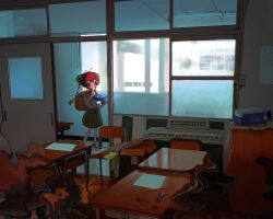  1girl absurdres antenna_hair backpack bag blush braid brown_eyes classroom hair_ornament highres indoors insect_cage letter long_hair numata_zombie original parted_lips randoseru red_hair school_uniform skirt solo surreal twin_braids warped 