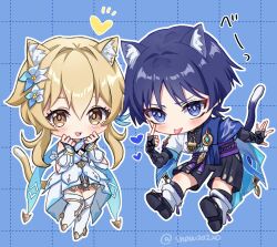  1boy 1girl :d akanbe animal_ear_fluff animal_ears artist_name blue_background breasts bright_pupils cat_ears cat_tail chibi chibi_only cleavage eyelid_pull floating full_body genshin_impact grid_background hair_between_eyes hand_up hands_on_own_chin hands_up kemonomimi_mode lumine_(genshin_impact) open_mouth outline pigeon-toed scaramouche_(genshin_impact) shoe_soles smile snow20200 standing standing_on_one_leg tail tongue tongue_out wanderer_(genshin_impact) white_outline 